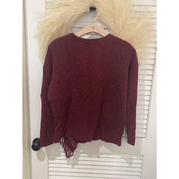NIC + ZOE BURGUNDY FRINGE KNIT TRIM LONG SLEEVE SWEATER SMALL PETITE - Picture 3 of 10